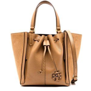 Authentic Tory Burch McGraw Leather Drawstring Large Satchel In Tiramisu